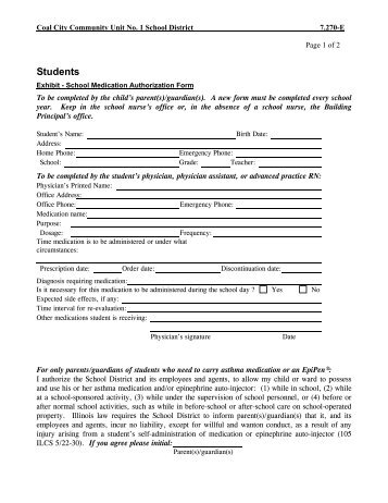 School Medication Authorization Form - Coal City High School