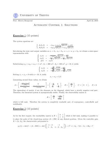 University of Trento Automatic Control 1: Solutions Exercise 1 (15 ...