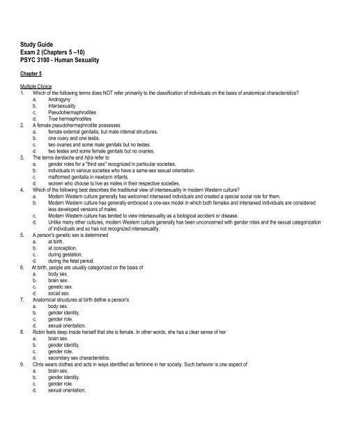 Study Guide Exam 2 (Chapters 5 â 10) PSYC 3100 - Human Sexuality