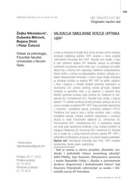 puni tekst / full text - Primenjena psihologija - Odsek za psihologiju