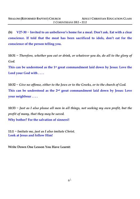 1 Corinthians 10:1 - 11:1 (Notes) - Shalom Church Singapore