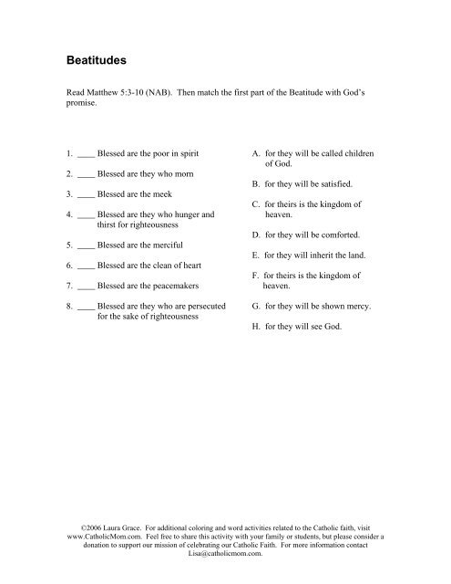 Beatitudes Matching Worksheet - Catholic Mom