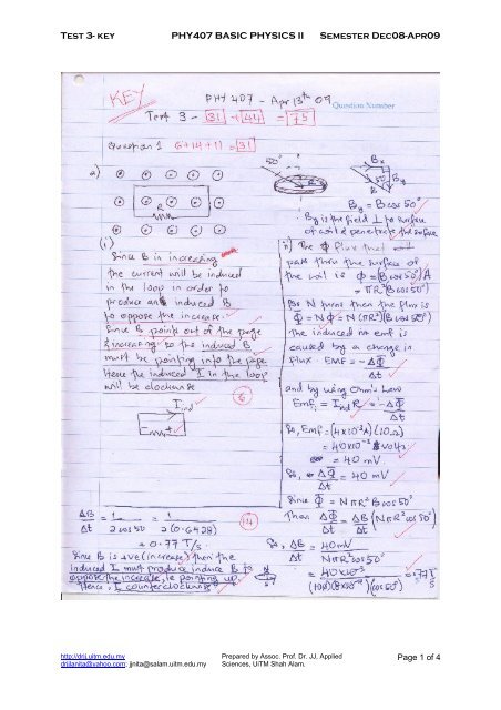 Test 3- key PHY407 BASIC PHYSICS II Semester Dec08-Apr09 - UiTM