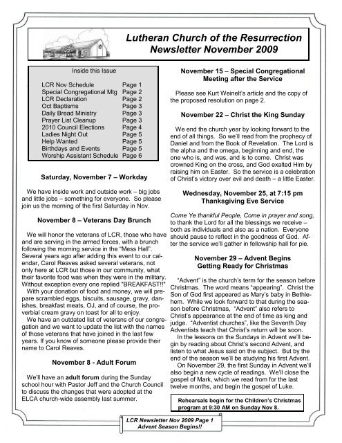 Lutheran Church of the Resurrection Newsletter November 2009