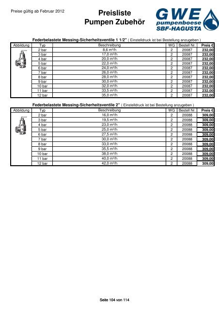 Preisliste Pumpen