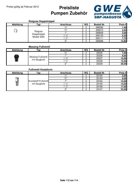 Preisliste Pumpen