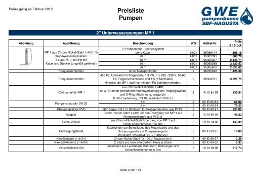 Preisliste Pumpen