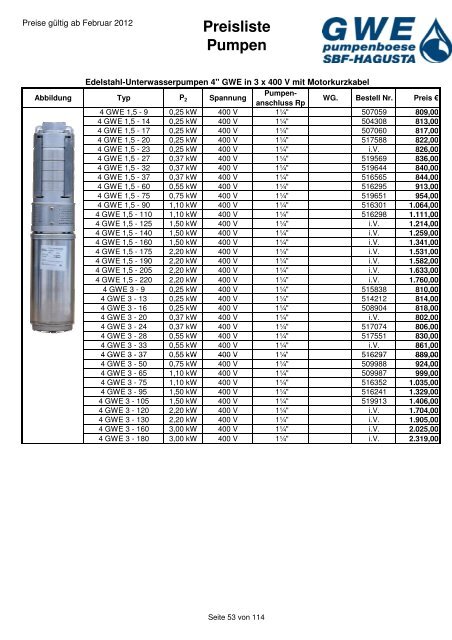 Preisliste Pumpen