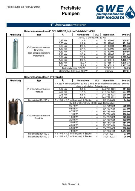 Preisliste Pumpen