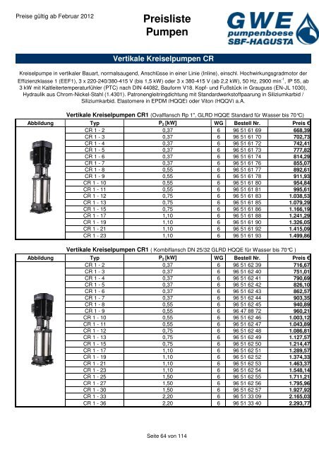 Preisliste Pumpen