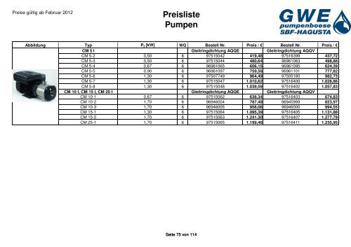 Preisliste Pumpen