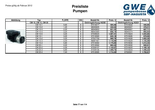 Preisliste Pumpen