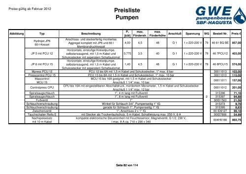 Preisliste Pumpen