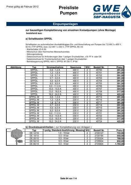 Preisliste Pumpen