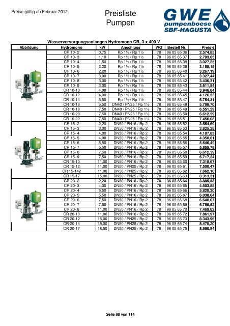 Preisliste Pumpen