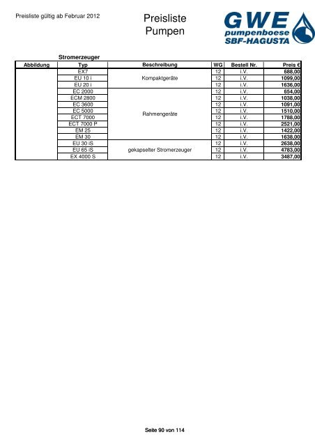 Preisliste Pumpen