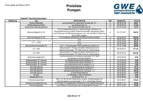 Preisliste Pumpen