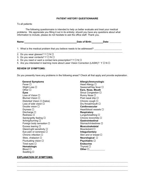 patient history questionn patient history questionnaire