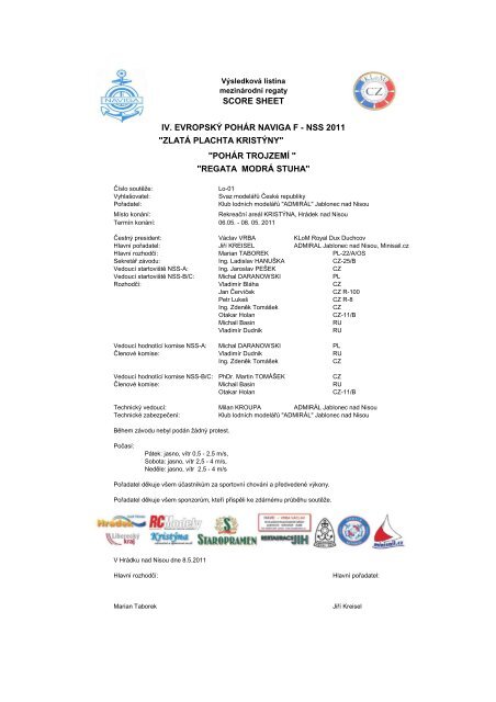 SCORE SHEET "ZLATÃ PLACHTA KRISTÃNY" "REGATA MODRÃ ...