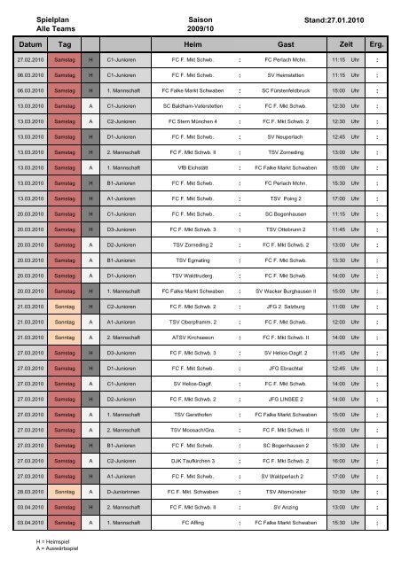 Saison 2009/10 Stand:27.01.2010 Spielplan Alle Teams Datum Tag ...