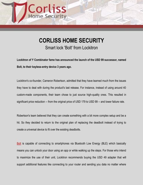 Corliss Home Security: Smart lock 'Bolt' from Lockitron