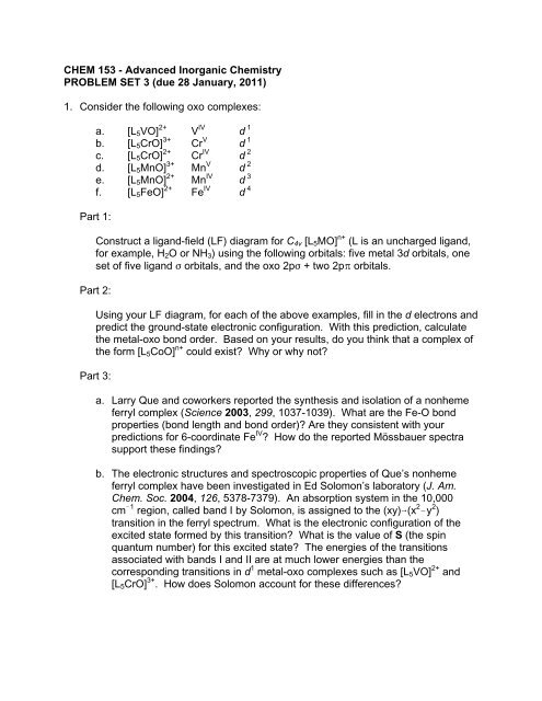 CHEM 153 - Advanced Inorganic Chemistry PROBLEM SET 3 (due ...