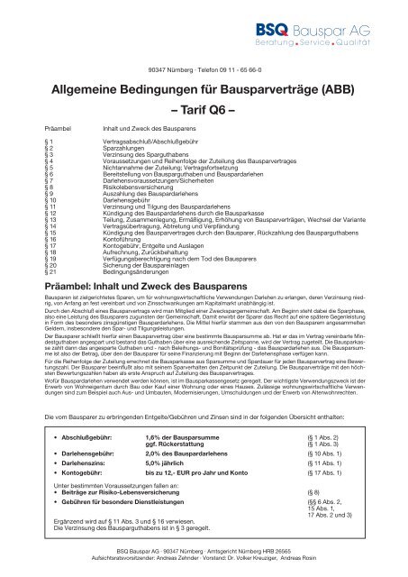 Allgemeine Bausparbedingungen Q6 - BSQ Bauspar AG