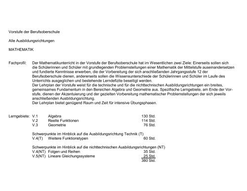 Fachlehrplan | Mathematik - Vorklasse - ISB