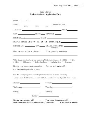 Lane Library Student Assistant Application Form