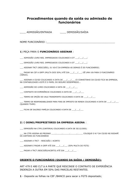 Procedimentos quando da saÃda ou admissÃÂ£o de ... - Altc.com.br