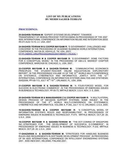 List Of My Publications By Mehdi Sagheb Tehrani Campbell
