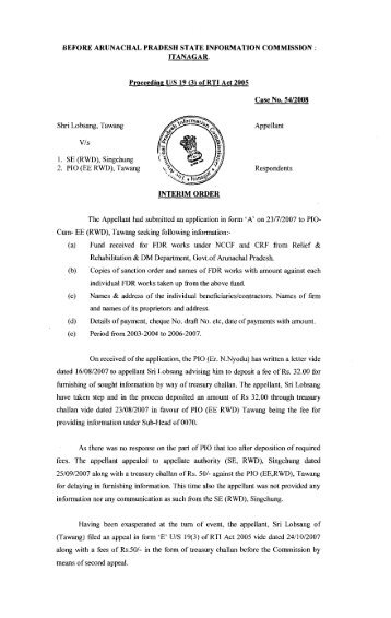 Proceeding U/S l9 (3) of RTI Act 2005 - Arunachal Pradesh State ...