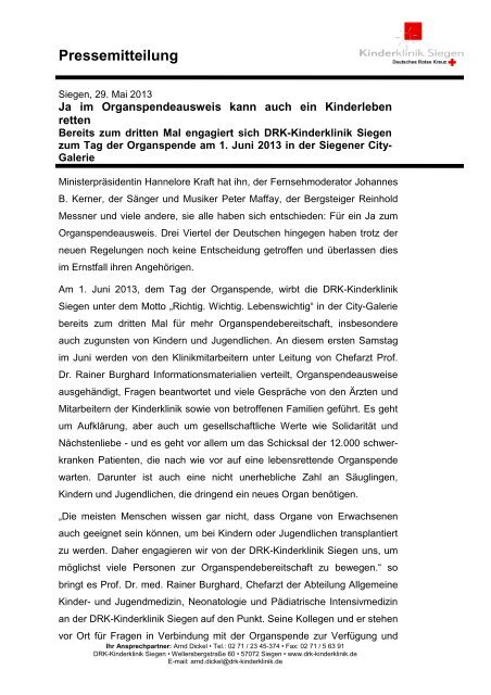 Pressemeldung als PDF zum Download - DRK-Kinderklinik Siegen