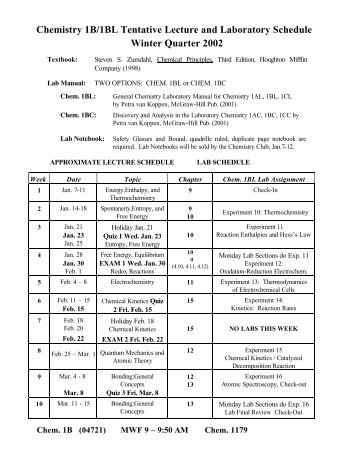 Chemistry 1B/1BL Tentative Lecture and Laboratory Schedule ...