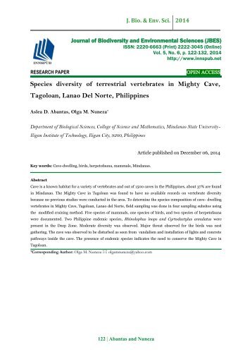 Species diversity of terrestrial vertebrates in Mighty Cave, Tagoloan, Lanao Del Norte, Philippines