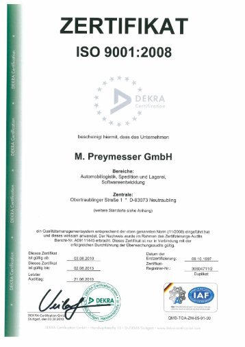 Preymesser Zertifikat ISO 9001:2008 - TH. GRANDERATH GMBH