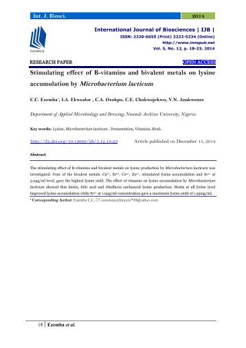 Stimulating effect of B-vitamins and bivalent metals on lysine accumulation by Microbacterium lacticum