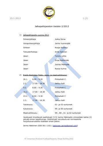 Jalkapallojaoston tiedote 2/2013 - Tampereen Kisatoverit