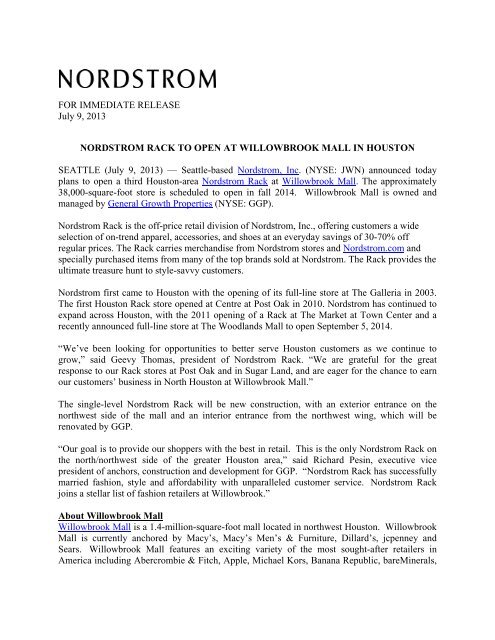 Nordstrom Rack To Open At Willowbrook Mall In Houston