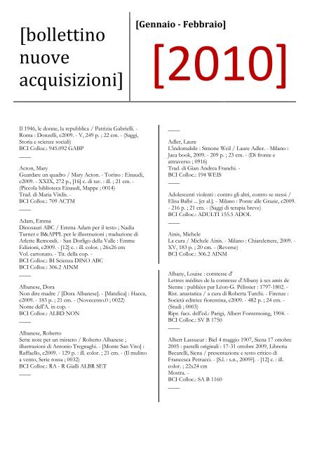 2010] nuove acquisizioni - Biblioteca Comunale degli Intronati