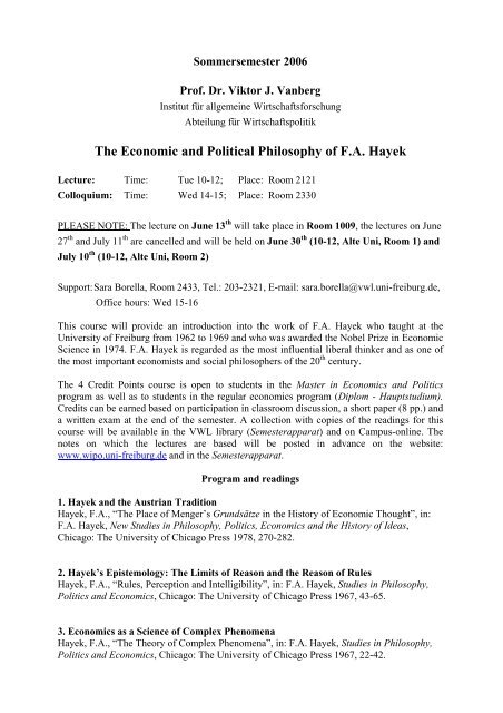The Economic and Political Philosophy of F.A. Hayek - Abteilung für ...