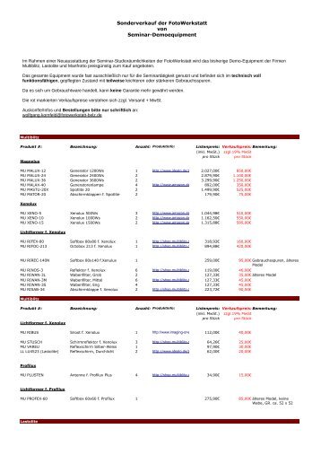 Sonderverkauf der FotoWerkstatt von Seminar-Demoequipment