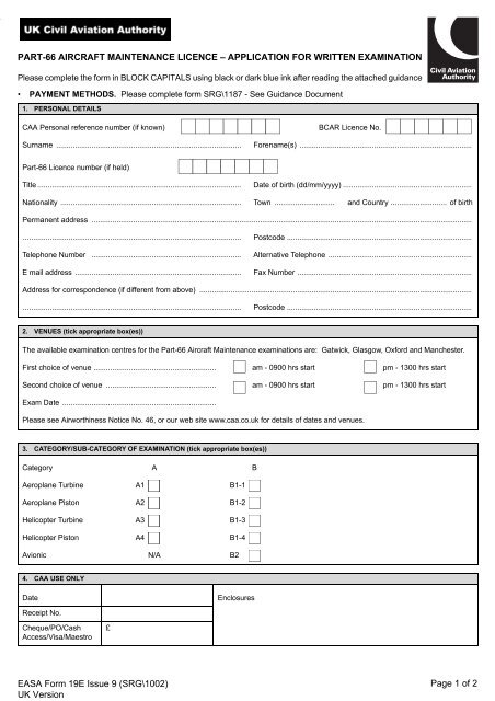 UK CAA Exam Application Form 19E SRG1002 - Helitavia