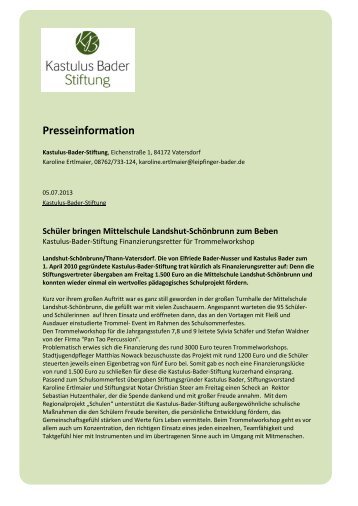 Mittelschule Landshut/Schoenbrunn - Kastulus Bader Stiftung