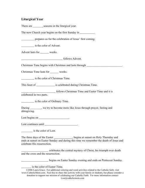 Liturgical Year Worksheet - Catholic Mom