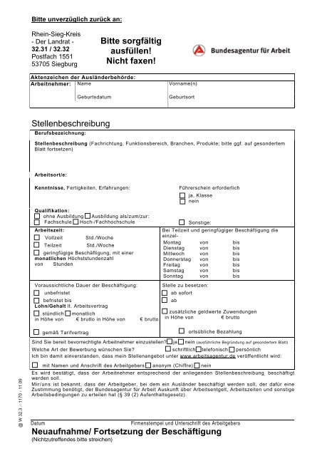 Neuaufnahme/ Fortsetzung der BeschÃ¤ftigung Stellenbeschreibung