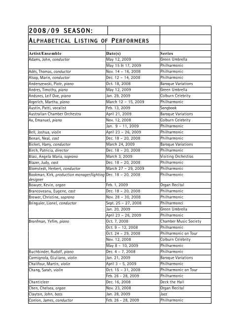 Alphabetical list of artists - Los Angeles Philharmonic