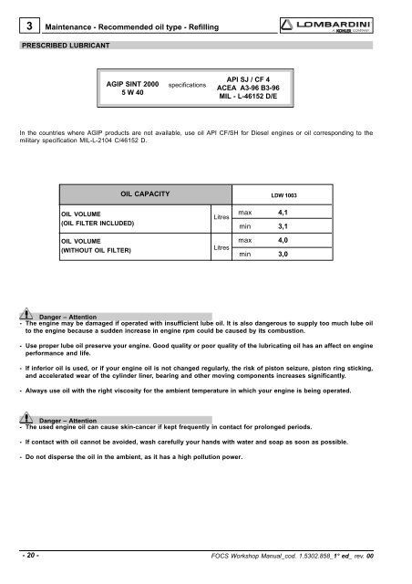 WORKSHOP MANUAL - lombardini service