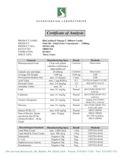 Certificate of Analysis - Strona gÅ‚Ã³wna.. BioCardine Omega-3