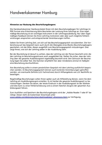Hinweise zum Beurteilungsbogen für Lehrlinge